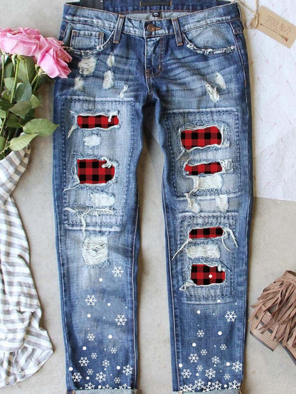 Frosty Blue Tartan Snowflake Patched Denim Pants