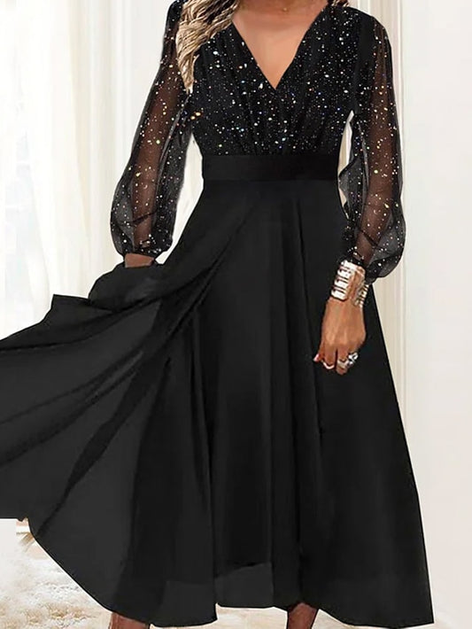 Women's Dress - Semi Formal Party Dress Wedding Guest Dress Swing Dress Midi Dress Black Long Sleeve Polka Dot Sequins Winter Fall Spring V Neck Stylish Vacation 2023 S M L XL XXL 3XL
