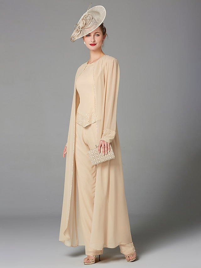 Jumpsuit / Pantsuit 3 Piece Mother of the Bride Dress Formal Plus Size Elegant Wrap Included Bateau Neck Floor Length Chiffon Sleeveless with Beading Appliques 2023 - LuckyFash™
