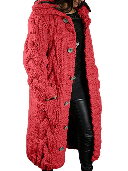 Women's Cardigan Sweater Hooded Cable Knit Acrylic Button Pocket Fall Winter Long Outdoor Going out Weekend Stylish Casual Soft Long Sleeve Pure Color Red Brown Black Light Green S M L