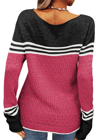 Women's Pullover Sweater Jumper Crew Neck Ribbed Knit Acrylic Patchwork Fall Winter Regular Outdoor Daily Going out Stylish Casual Soft Long Sleeve Color Block Striped Black White Pink S M L