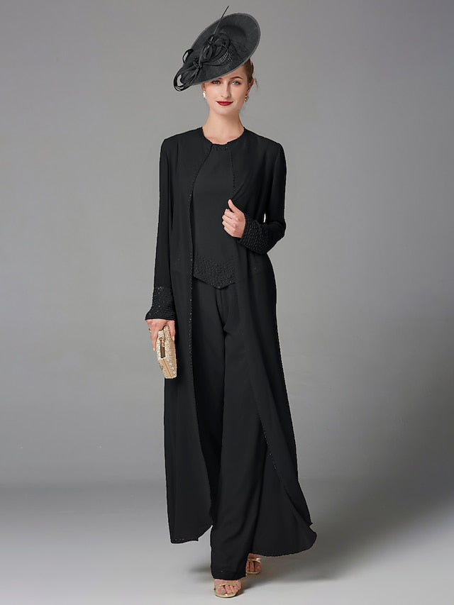 Jumpsuit / Pantsuit 3 Piece Mother of the Bride Dress Formal Plus Size Elegant Wrap Included Bateau Neck Floor Length Chiffon Sleeveless with Beading Appliques 2023 - LuckyFash™
