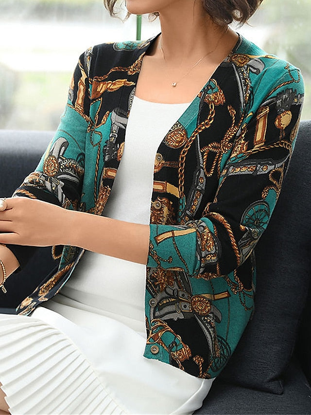 Women's Cardigan Sweater V Neck Ribbed Knit Polyester Button Print Fall Winter Outdoor Daily Holiday Stylish Casual Soft Long Sleeve Animal Floral Rose black Chain black Rose navy blue S M L