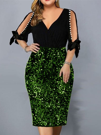 Women's Dress - Plus Size Party Dress Solid Color V Neck Sequins Half Sleeve Spring Fall Stylish Sequins Prom Dress Midi Dress Party Club Dress / Sheath Dress / Sequin Dress