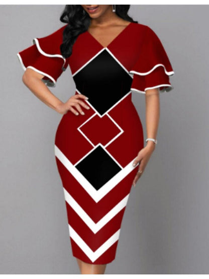 Women's Dress - Bodycon Sheath Dress Modern Dress Midi Dress Yellow Wine Royal Blue Half Sleeve Print Ruffle Summer Spring V Neck Stylish 2023 S M L XL XXL 3XL 4XL 5XL