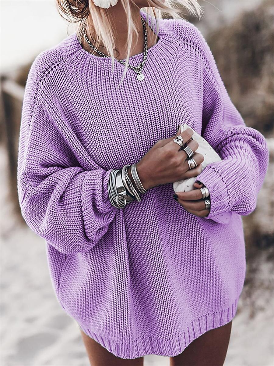 Women's Pullover Sweater Jumper Crew Neck Ribbed Knit Acrylic Oversized Fall Winter Regular Outdoor Daily Going out Stylish Casual Soft Long Sleeve Solid Color Pink Blue Purple S M L