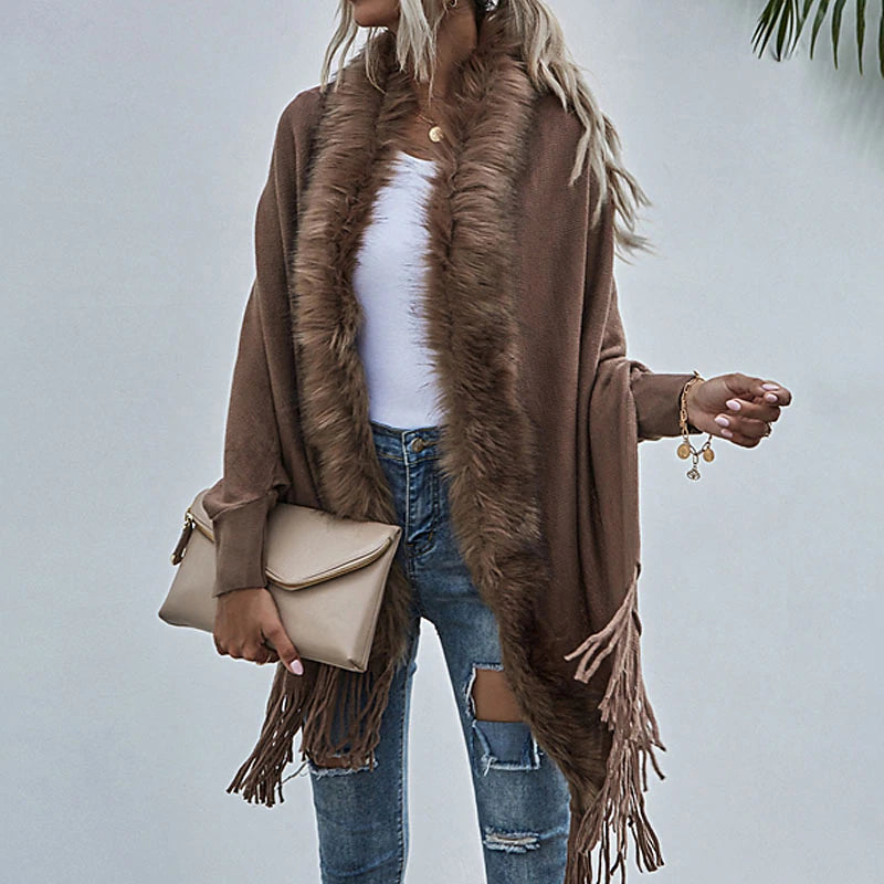 Women's Poncho Sweater Open Front Ribbed Knit Acrylic Tassel Knitted Fall Winter Tunic Outdoor Daily Going out Stylish Casual Soft Long Sleeve Pure Color Black Pink Wine S M L