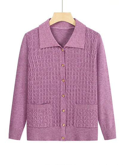 Women's Cardigan Shirt Collar Cable Knit Polyester Button Pocket Knitted Fall Winter Regular Outdoor Christmas New Year Fashion Casual Soft Long Sleeve Floral Red Purple Fuchsia XL 2XL 3XL