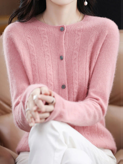Women's Cardigan Sweater Jacket Crew Neck Cable Knit Polyester Button Knitted Fall Winter Regular Outdoor Valentine's Day Daily Streetwear Stylish Casual Long Sleeve Pure Color Pink Red Orange S M L
