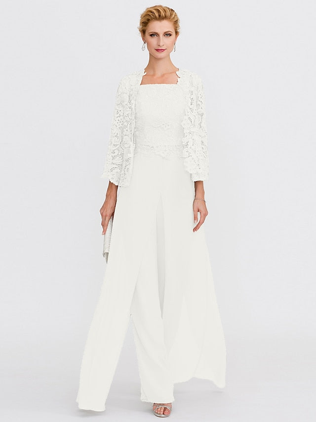 Jumpsuit / Pantsuit Mother of the Bride Dress Formal Plus Size Elegant Square Neck Floor Length Chiffon Corded Lace Sleeveless Wrap Included with Lace Appliques 2023 - LuckyFash™