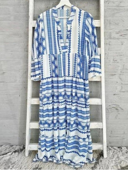 Women's Dress - Casual Dress Swing Dress Boho Dress Long Dress Maxi Dress Blue 3/4 Length Sleeve Geometric Patchwork Fall Autumn V Neck Loose Fit 2023 S M L XL XXL 3XL