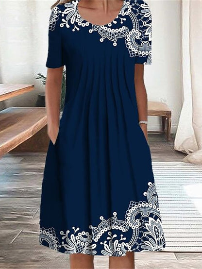 Women's Dress - Casual Dress Summer Dress Print Dress Floral Ruched Pocket Crew Neck Midi Dress Fashion Modern Outdoor Daily Short Sleeve Loose Fit White Red Navy Blue Summer Spring S M L XL XXL