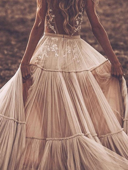 Beach Sexy Boho Wedding Dresses A-Line V Neck Sleeveless Floor Length Tulle Bridal Gowns With Appliques 2023 Summer Wedding Party, Women's Clothing - LuckyFash™
