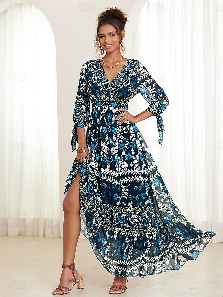 Women's Chiffon A Line Dress Floral Ruffle Bow V Neck Puff Sleeve Maxi Dress Boho Party Short Sleeve Summer