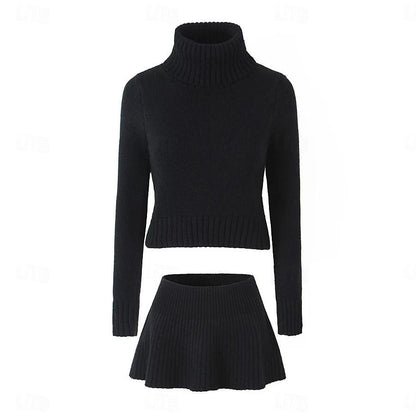 Set with Cropped Turtleneck Sweater Knitted Mini Skirt 2 PCS Sexy Cute Y2K Casual Daily Outfits
