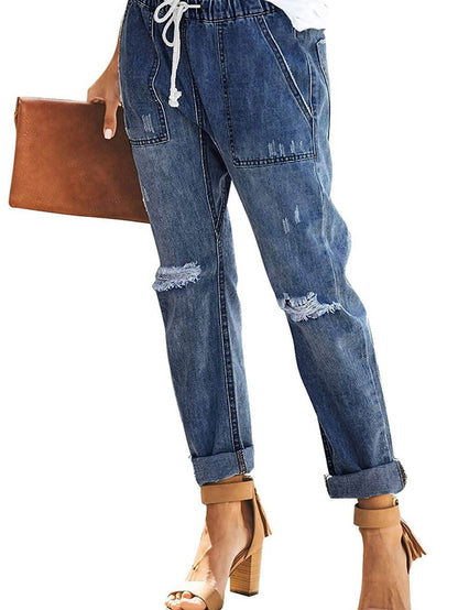 Gather Around in Dark Blue Distressed Denim Joggers with Pockets