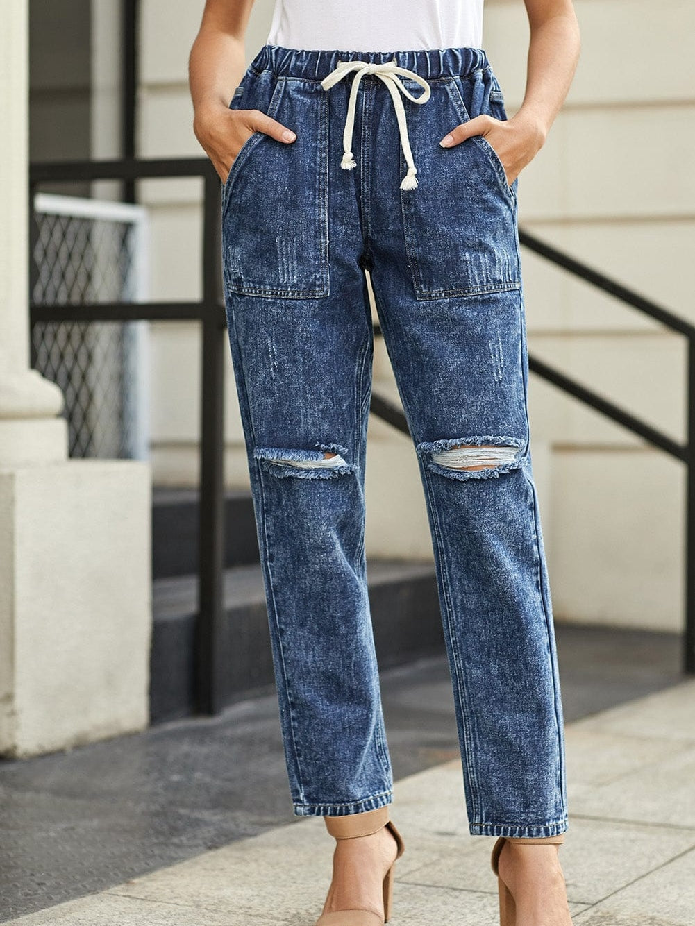 Gather Around in Dark Blue Distressed Denim Joggers with Pockets