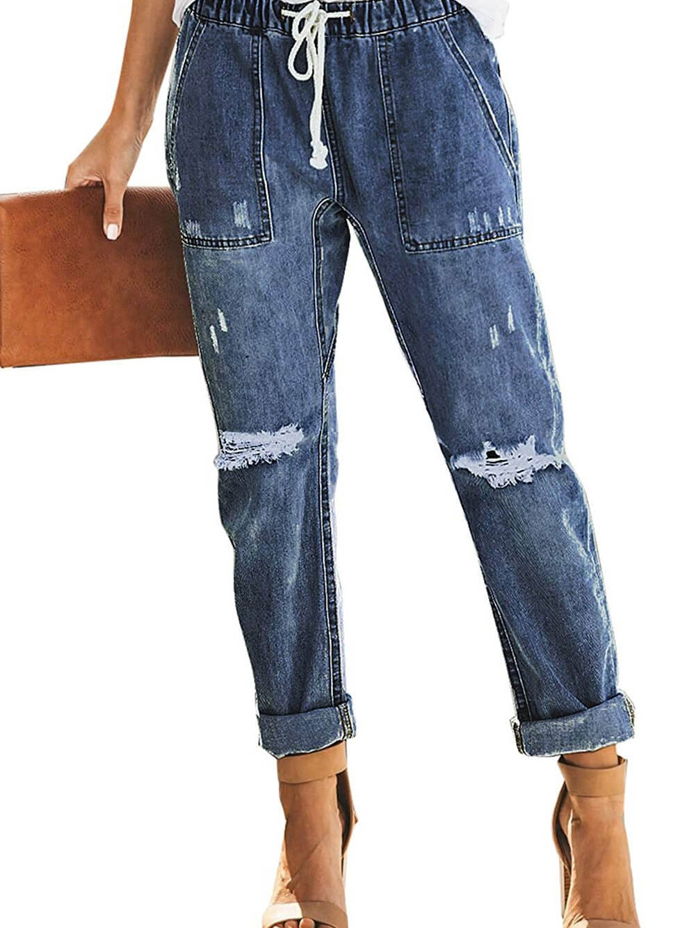 Gather Around in Dark Blue Distressed Denim Joggers with Pockets