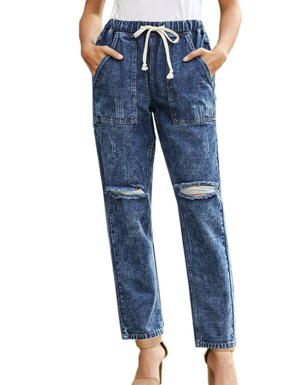 Gather Around in Dark Blue Distressed Denim Joggers with Pockets