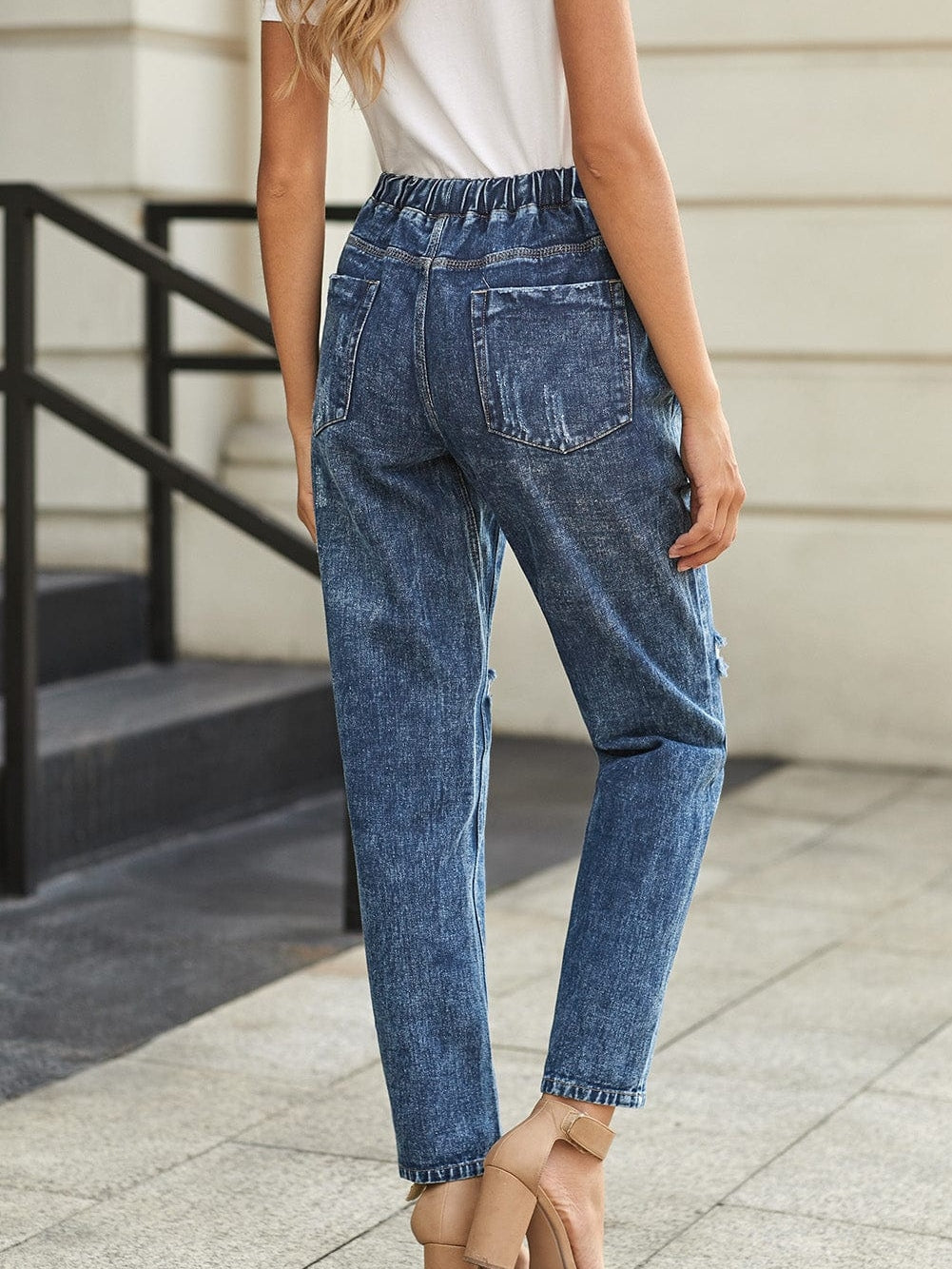 Gather Around in Dark Blue Distressed Denim Joggers with Pockets