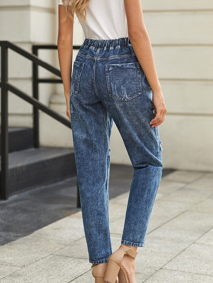 Gather Around in Dark Blue Distressed Denim Joggers with Pockets