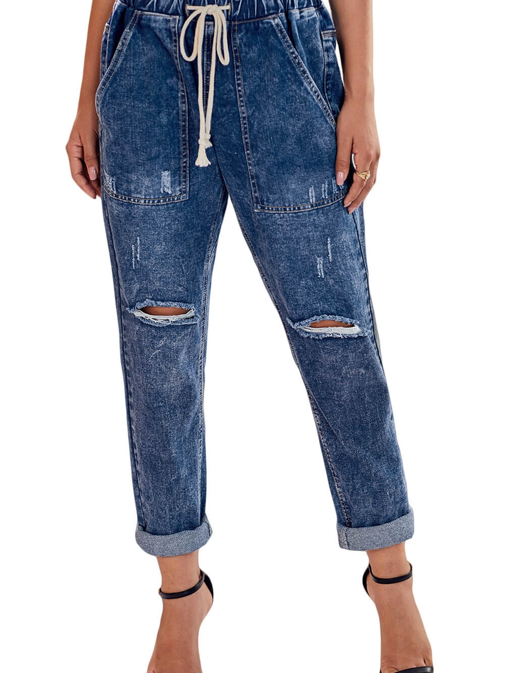 Gather Around in Dark Blue Distressed Denim Joggers with Pockets