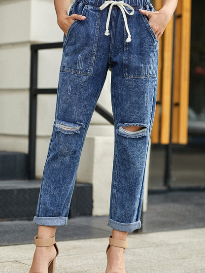Gather Around in Dark Blue Distressed Denim Joggers with Pockets