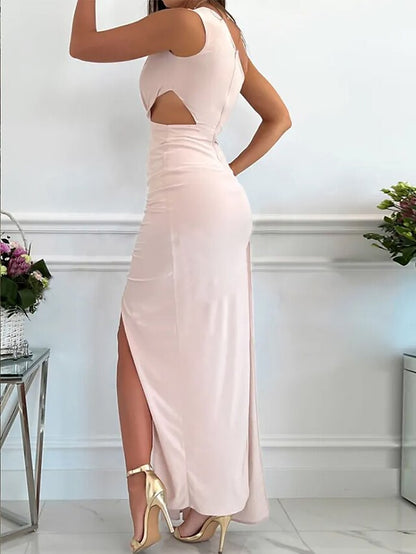 Women's Dress - Party Dress Long Dress Maxi Dress Green Red Beige Sleeveless One Shoulder Pure Color Patchwork Spring Summer Dress 2023 S M L XL XXL