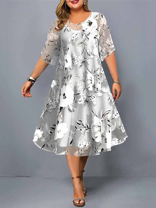 Women's Dress - Plus Size Casual Dress Dress Set Chiffon Dress Floral Midi Dress Half Sleeve Print Crew Neck Fashion Daily Gray Summer Spring L XL XXL 3XL 4XL