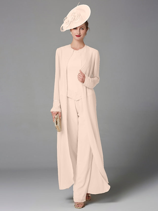 Jumpsuit / Pantsuit 3 Piece Mother of the Bride Dress Formal Plus Size Elegant Wrap Included Bateau Neck Floor Length Chiffon Sleeveless with Beading Appliques 2023 - LuckyFash™