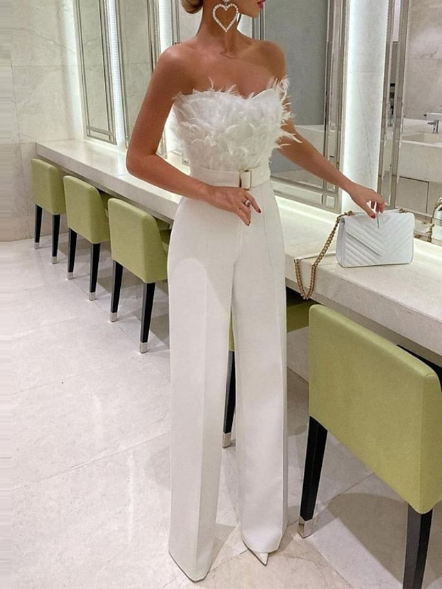 Jumpsuits Elegant Rompers Wedding Guest Prom Dress Strapless Sleeveless Ankle Length Stretch Fabric with Feather Sash / Ribbon 2022 - LuckyFash™
