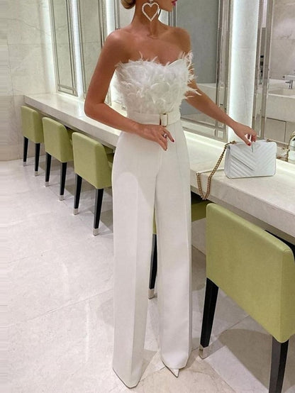 Jumpsuits Elegant Rompers Wedding Guest Prom Dress Strapless Sleeveless Ankle Length Stretch Fabric with Feather Sash / Ribbon 2022 - LuckyFash™
