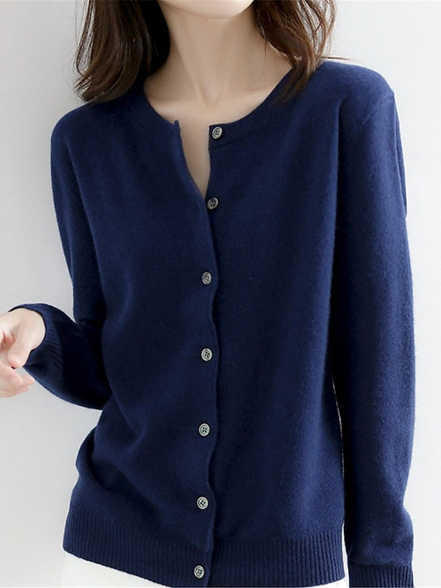 Women's Cardigan Sweater Jumper Ribbed Knit Button Solid Color Crew Neck Stylish Casual Outdoor Daily Autumn Winter Wine Red Big red S M L