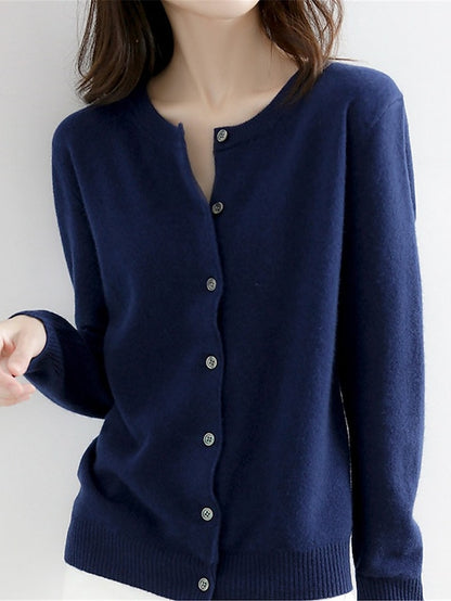 Women's Cardigan Sweater Jumper Ribbed Knit Button Solid Color Crew Neck Stylish Casual Outdoor Daily Autumn Winter Wine Red Big red S M L