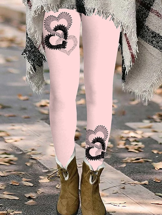 Women's Leggings Polyester Heart Light Pink milk white Fashion Natural Full Length Daily Vacation All Seasons