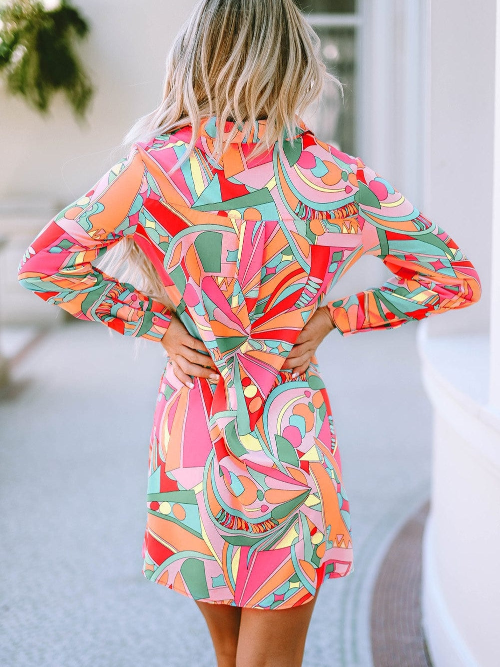 Geometric Abstract Print Long Sleeve Shirt Dress in Multicolor