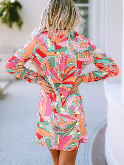 Geometric Abstract Print Long Sleeve Shirt Dress in Multicolor