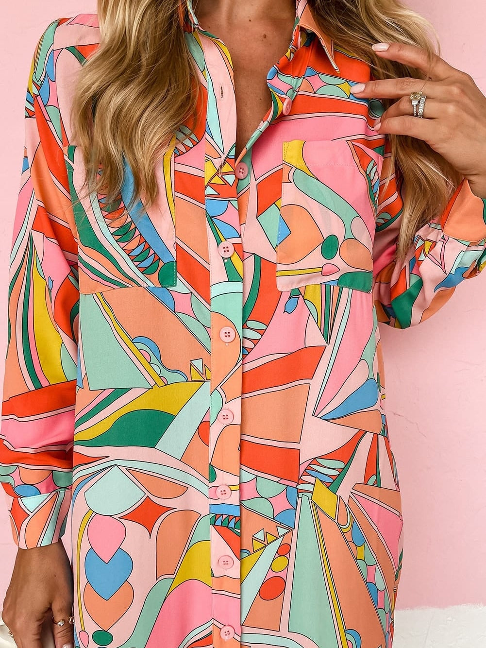 Geometric Abstract Print Long Sleeve Shirt Dress in Multicolor