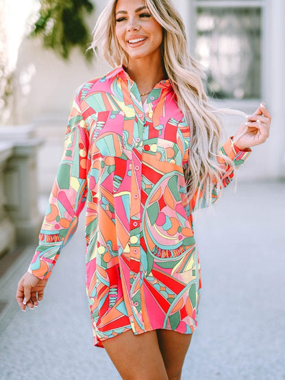 Geometric Abstract Print Long Sleeve Shirt Dress in Multicolor