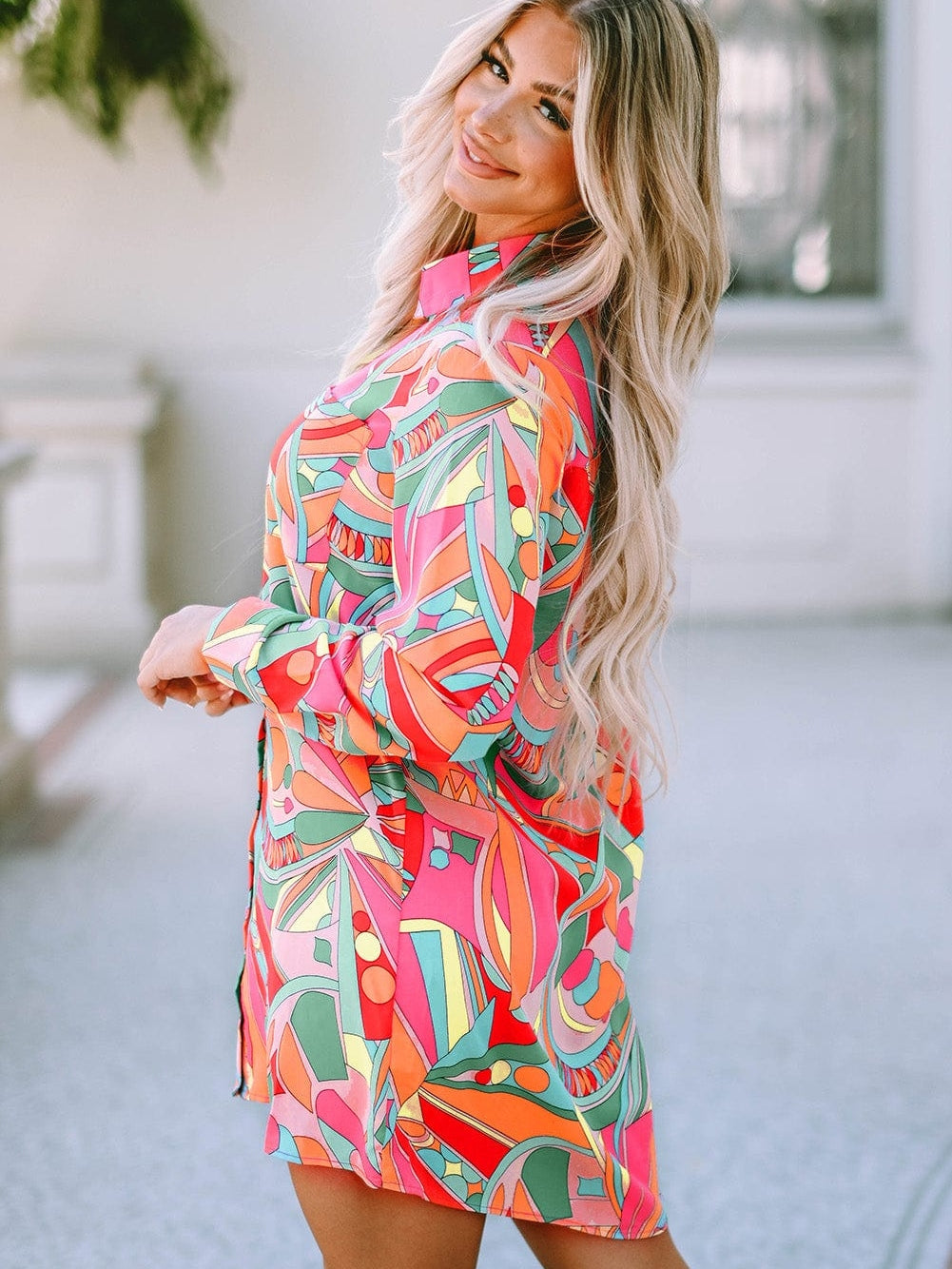 Geometric Abstract Print Long Sleeve Shirt Dress in Multicolor