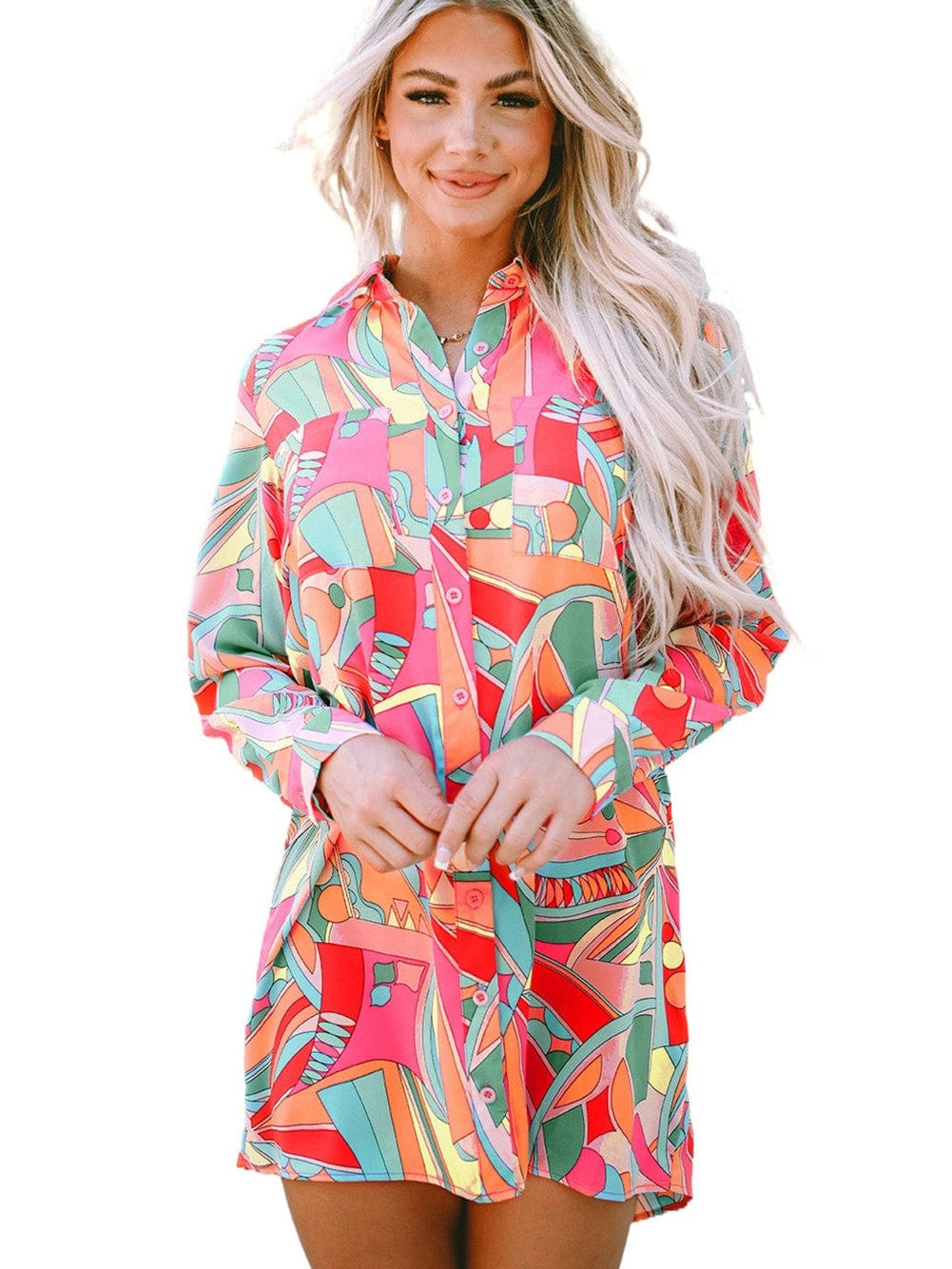 Geometric Abstract Print Long Sleeve Shirt Dress in Multicolor