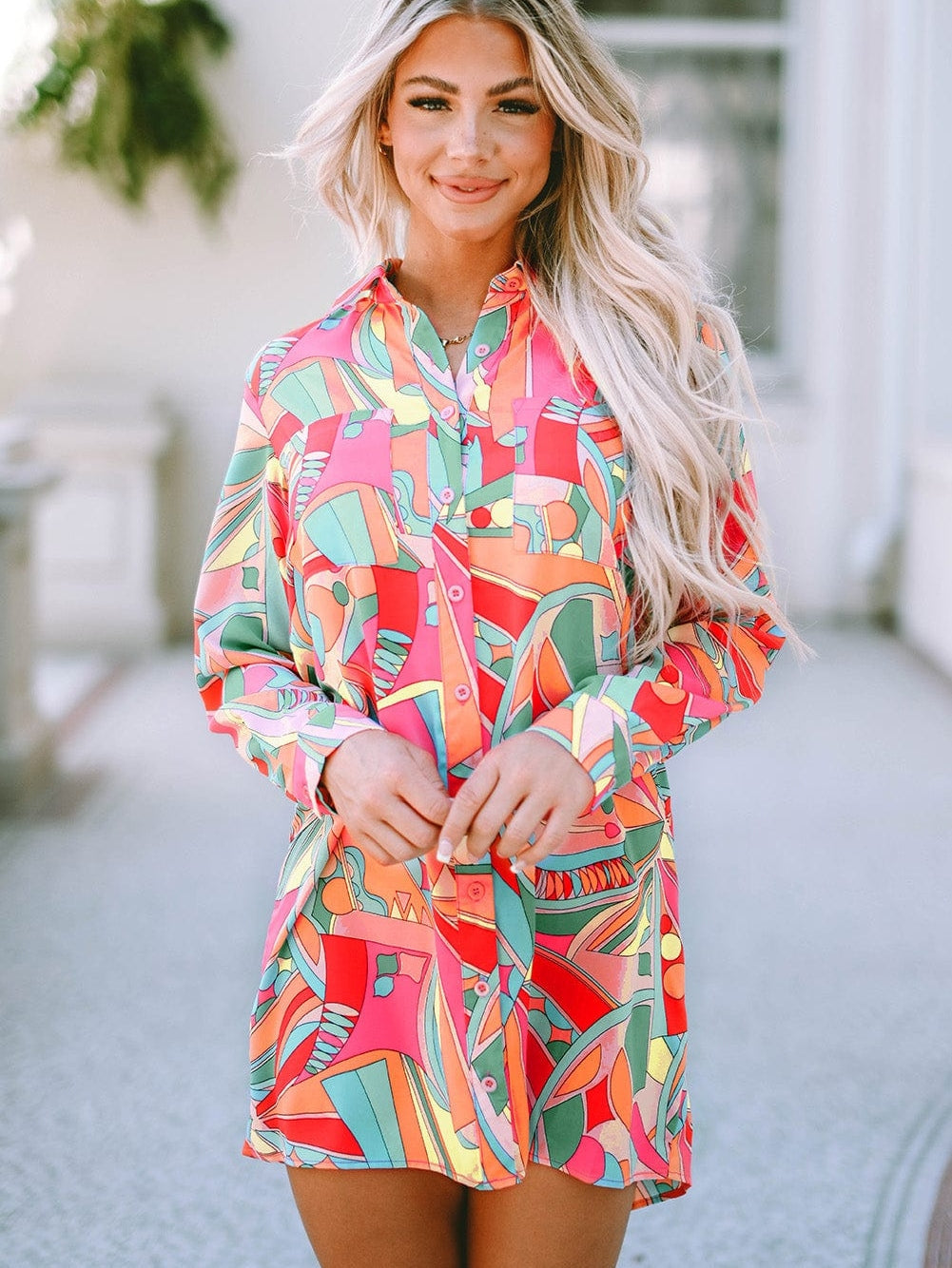Geometric Abstract Print Long Sleeve Shirt Dress in Multicolor