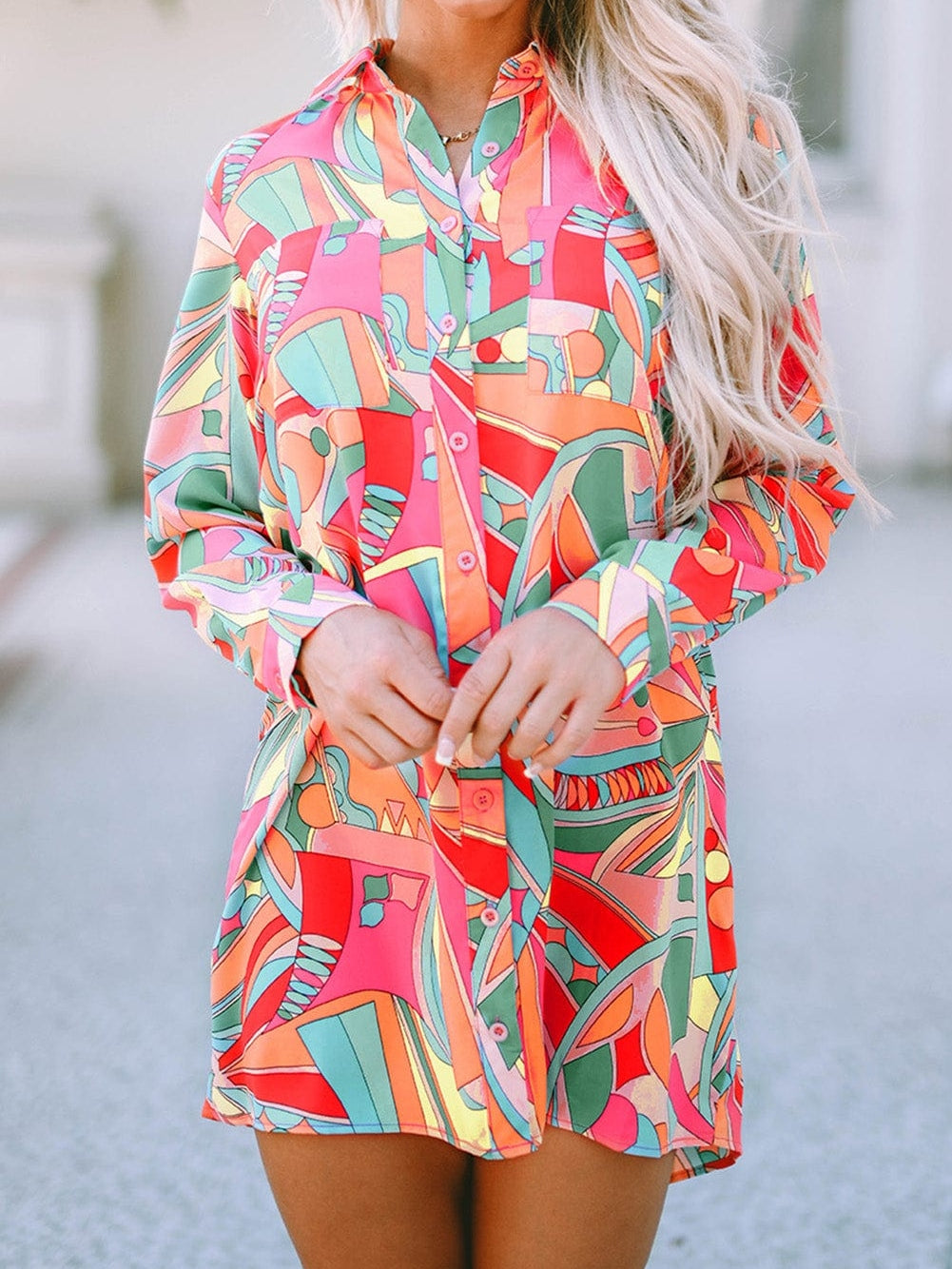 Geometric Abstract Print Long Sleeve Shirt Dress in Multicolor