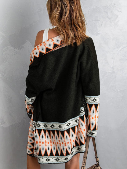 Geometric Black Knit Open Cardigan with Aztec Print
