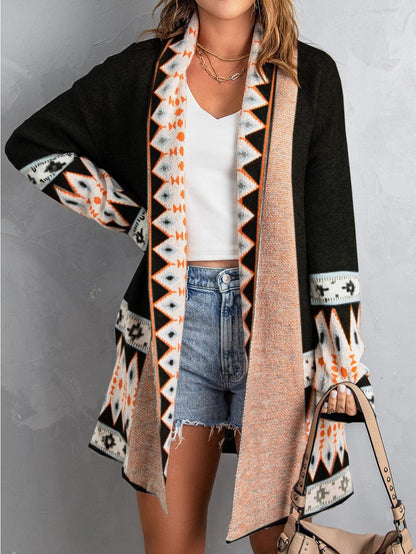 Geometric Black Knit Open Cardigan with Aztec Print