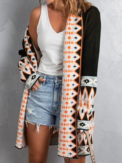 Geometric Black Knit Open Cardigan with Aztec Print