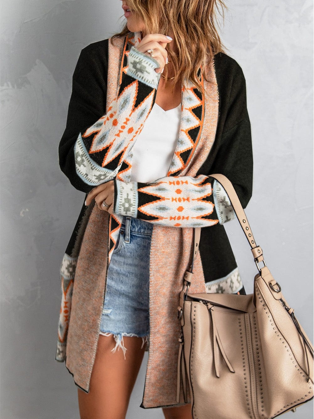 Geometric Black Knit Open Cardigan with Aztec Print