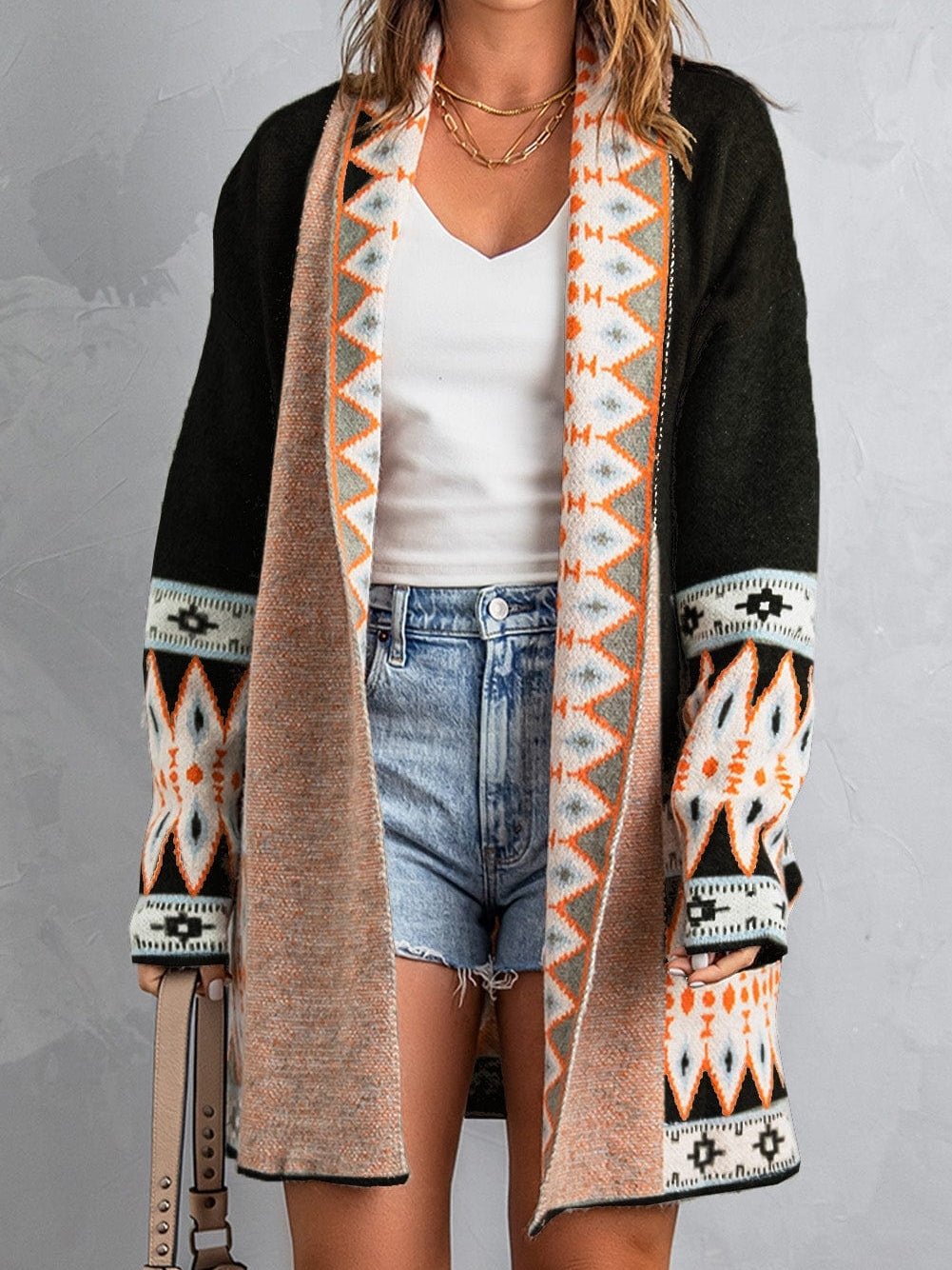Geometric Black Knit Open Cardigan with Aztec Print