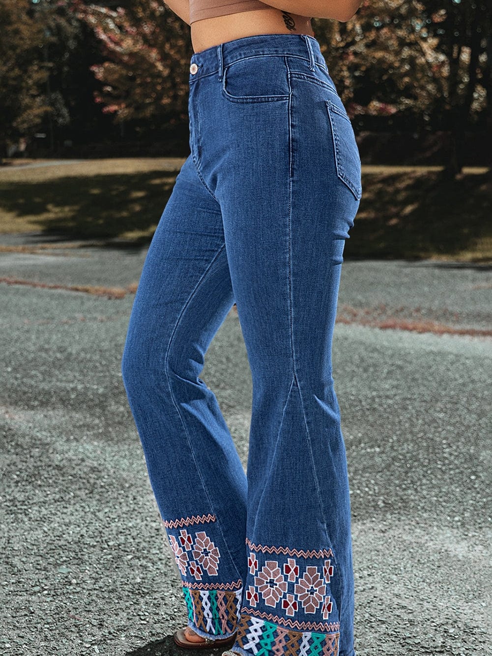 Geometric Embroidered Ashleigh Blue Flared Denim Jeans with Raw Hem