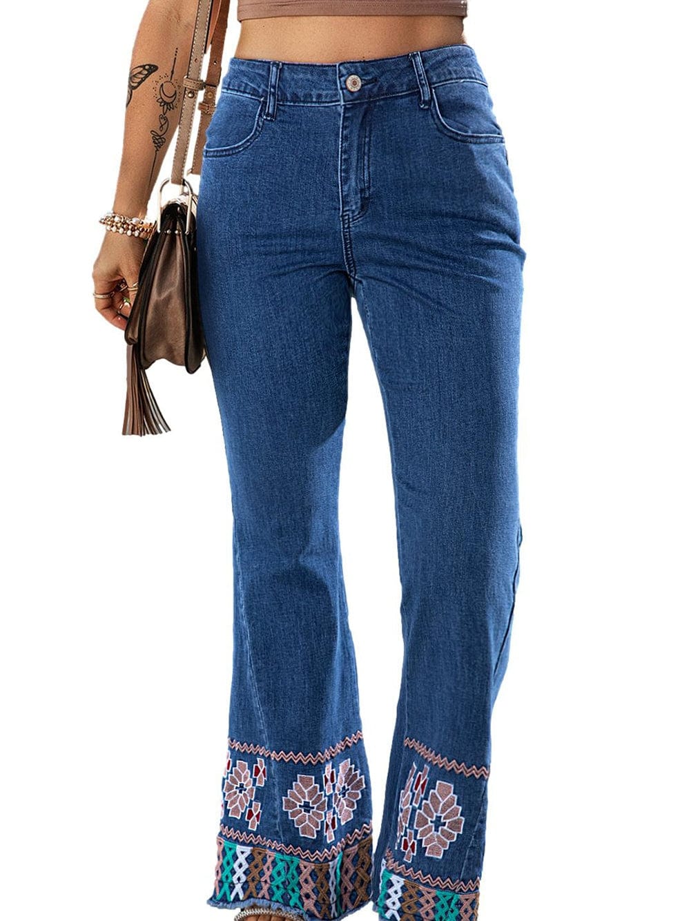 Geometric Embroidered Ashleigh Blue Flared Denim Jeans with Raw Hem